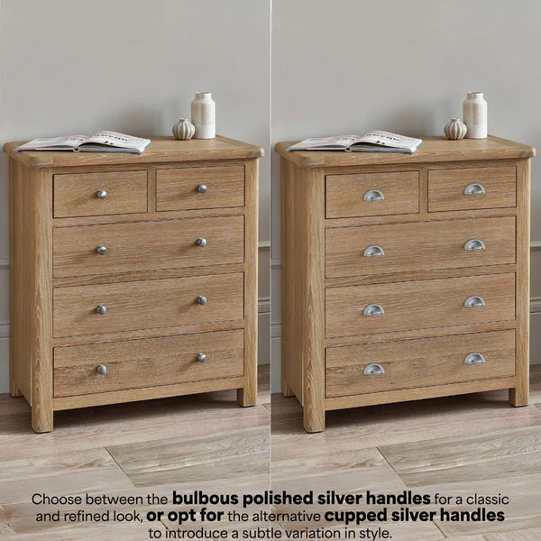 Two wooden dressers with silver handles on a neutral background
