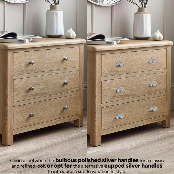 Wooden dresser with bulbous and cupped silver handles on a neutral background