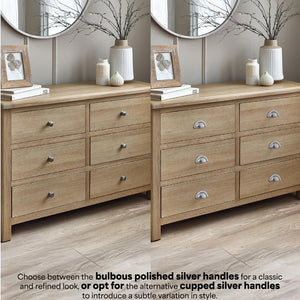 Two wooden dressers with different handle styles on a neutral background