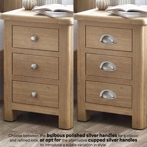 Two wooden nightstands with different handle styles on a wooden floor.