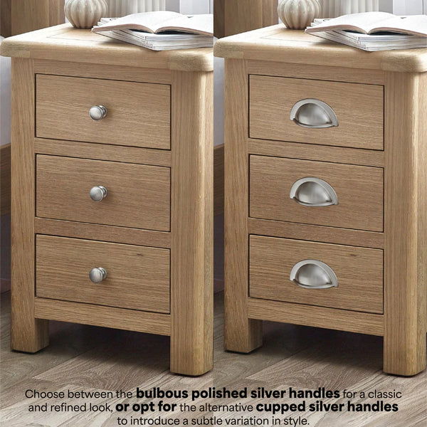 Two wooden nightstands with different handle styles on a wooden floor.