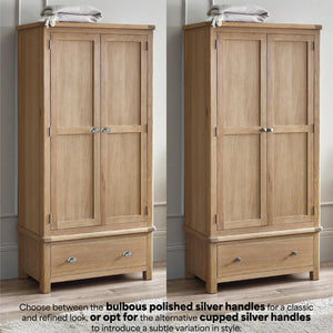 Two wooden wardrobes with different handle styles on a neutral background