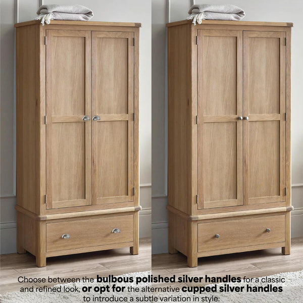 Two wooden wardrobes with different handle styles on a neutral background