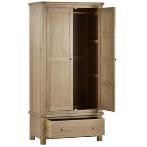 Wooden wardrobe with open doors on a white background