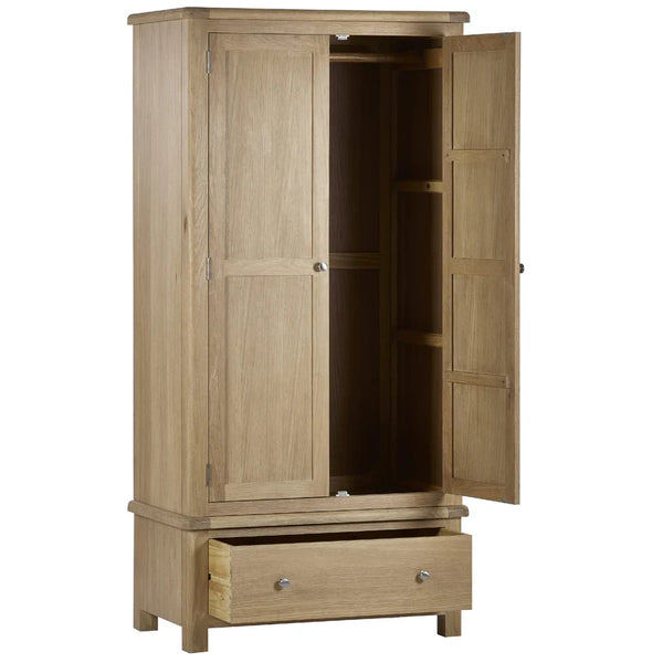 Wooden wardrobe with open doors on a white background