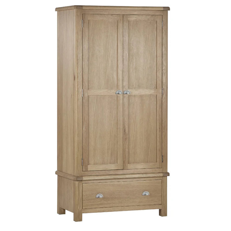 Wooden wardrobe with two doors and a drawer on a white background