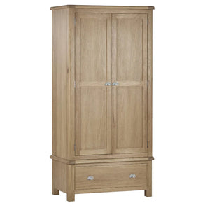 Wooden wardrobe with two doors and a drawer on a white background