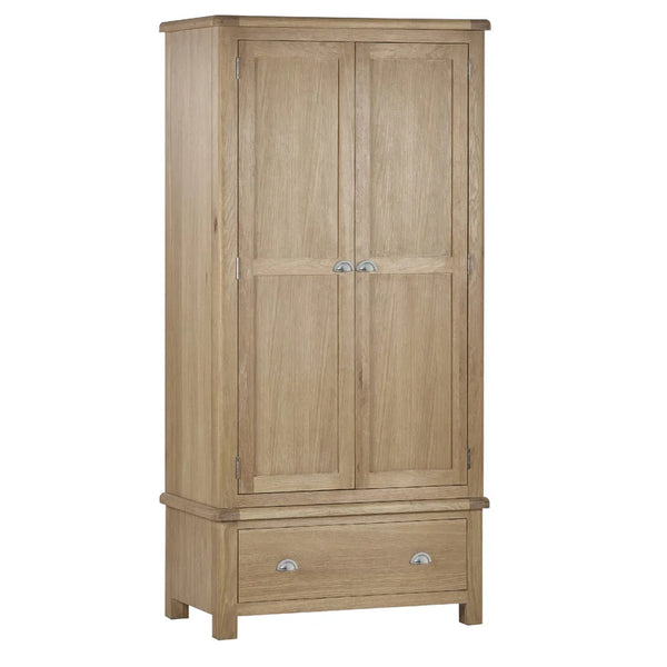 Wooden wardrobe with two doors and a drawer on a white background