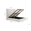 White bed frame with open storage compartment showing dimensions on a white background