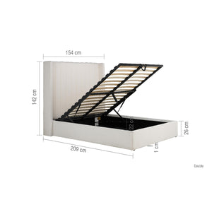 White bed frame with open storage compartment showing dimensions on a white background