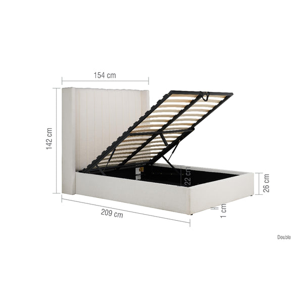 White bed frame with open storage compartment showing dimensions on a white background