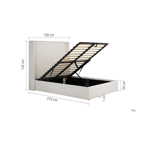 White bed frame with open storage compartment showing dimensions on a white background