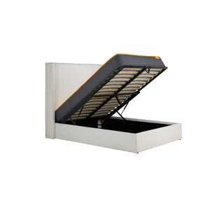 White bed frame with open storage compartment on a white background
