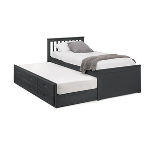 Black bed frame with pull-out trundle and white bedding on a white background