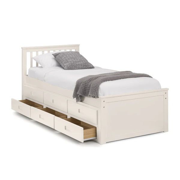 White wooden bed with storage drawers on a white background