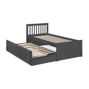 Black bed frame with wooden slats on a white background