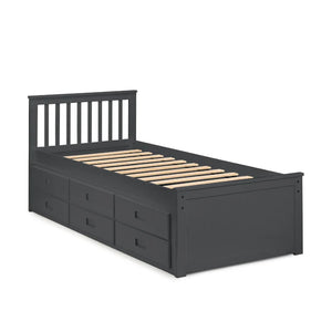 Black wooden bed with drawers on a white background