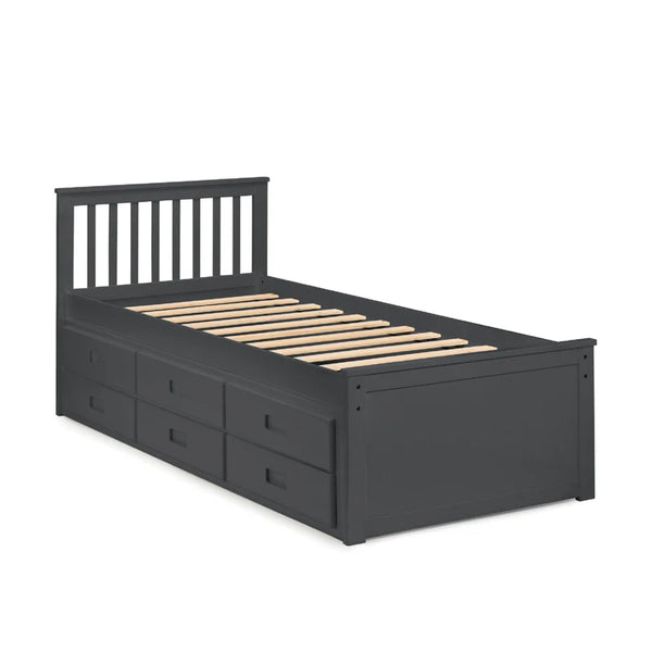 Black wooden bed with drawers on a white background