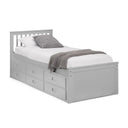 Gray wooden bed with white mattress and gray bedding on a white background