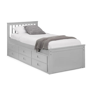 Gray wooden bed with white mattress and gray bedding on a white background