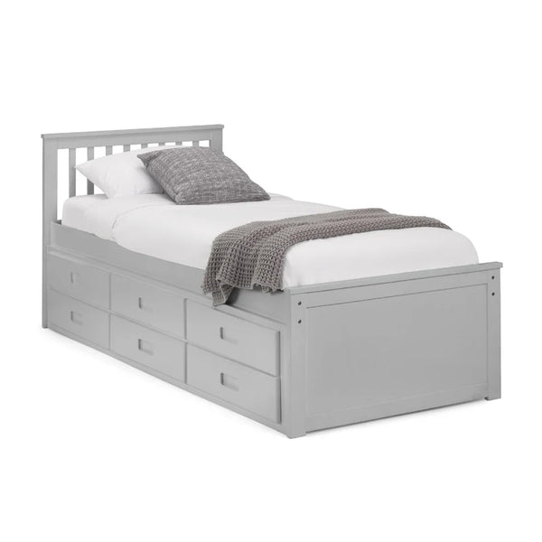 Gray wooden bed with white mattress and gray bedding on a white background