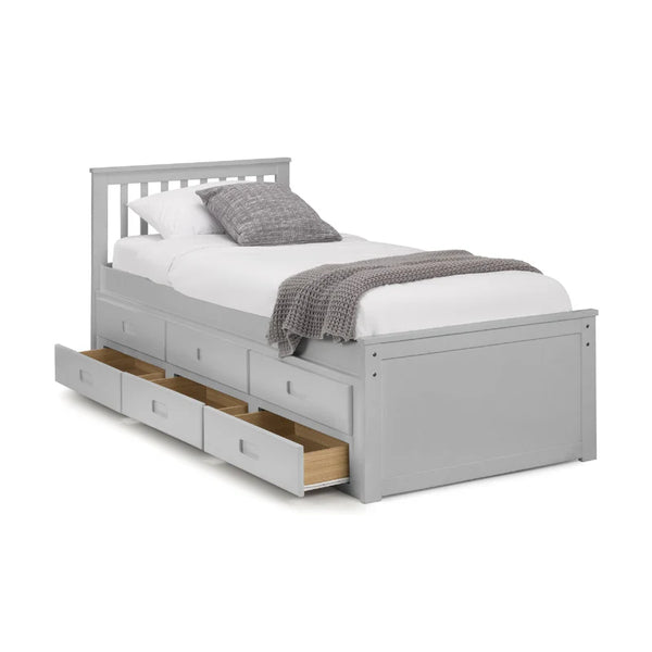 Gray bed with storage drawers on a white background