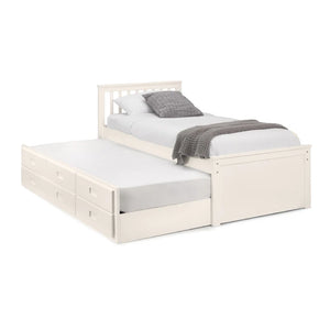 White bed with pull-out trundle on a white background