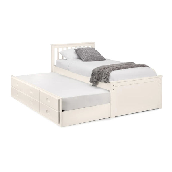 White bed with pull-out trundle on a white background