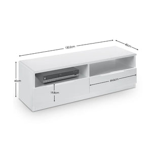 White TV stand with dimensions labeled on a white background