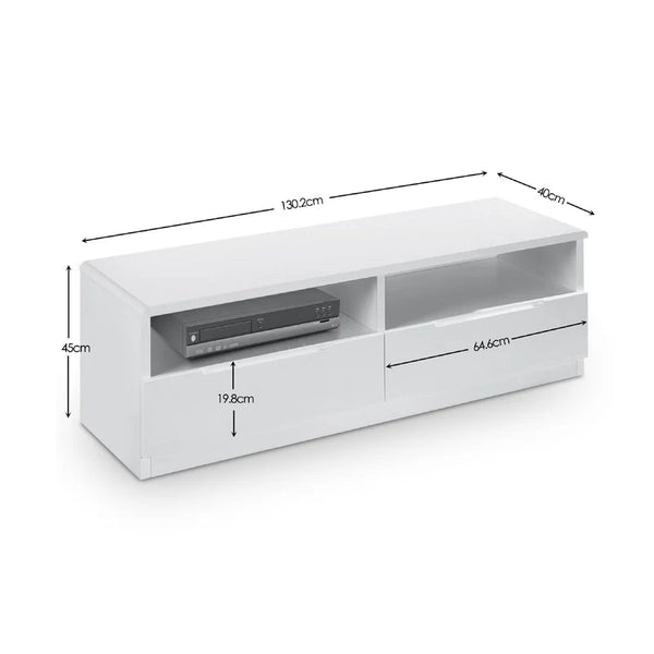 White TV stand with dimensions labeled on a white background