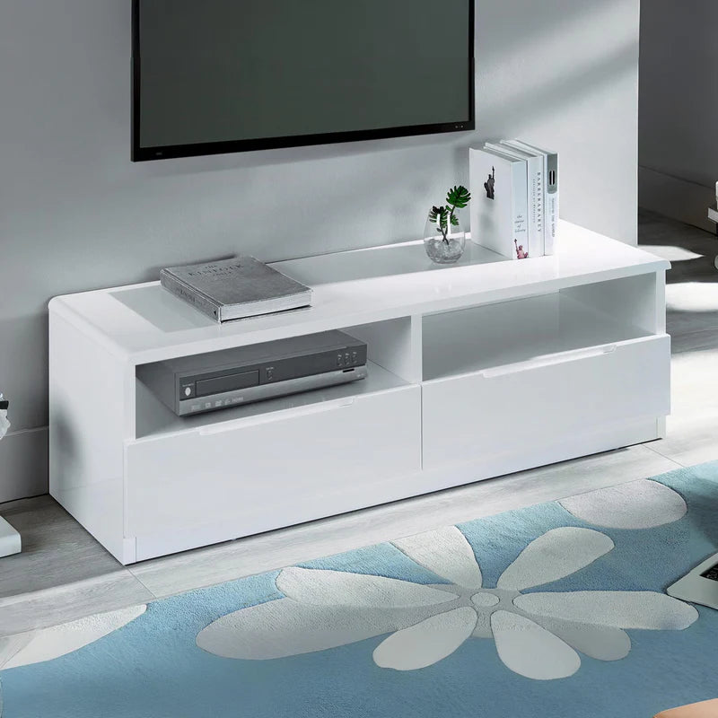 White TV stand with electronic equipment on a white background