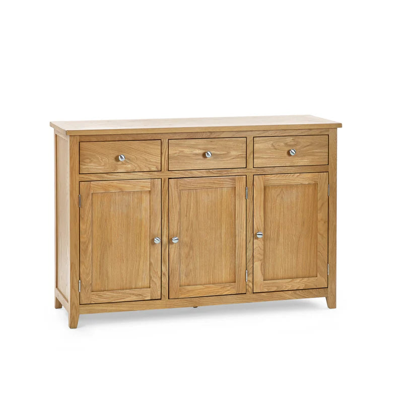 Wooden sideboard with three doors and two drawers on a white background