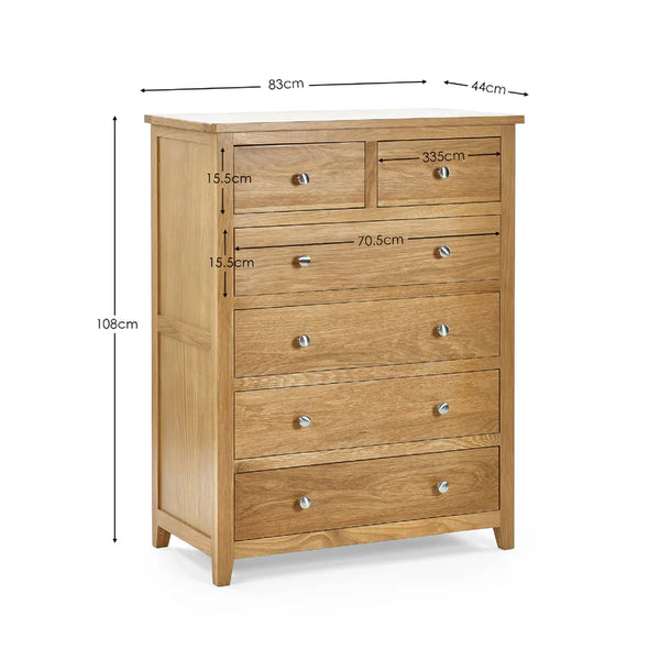 Wooden chest of drawers with dimensions on a white background