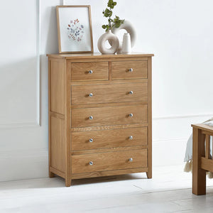 Wooden dresser with multiple drawers in a room setting
