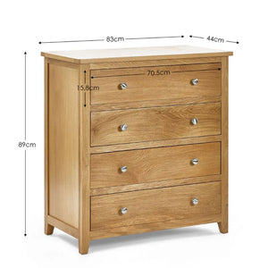 Wooden dresser with dimensions labeled on a white background