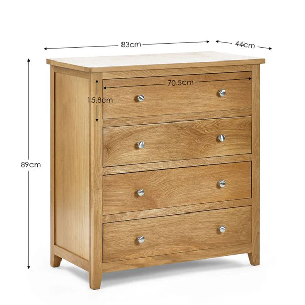 Wooden dresser with dimensions labeled on a white background
