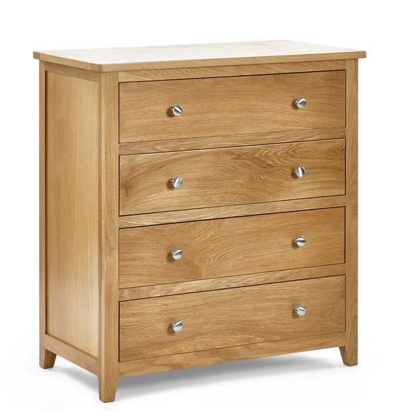 Wooden dresser with four drawers on a white background
