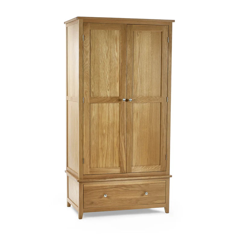 Wooden wardrobe with two doors and a drawer on a white background