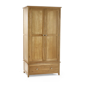 Wooden wardrobe with two doors and a drawer on a white background