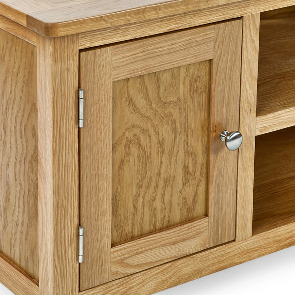 close up image of oak grain on a wide TV unit