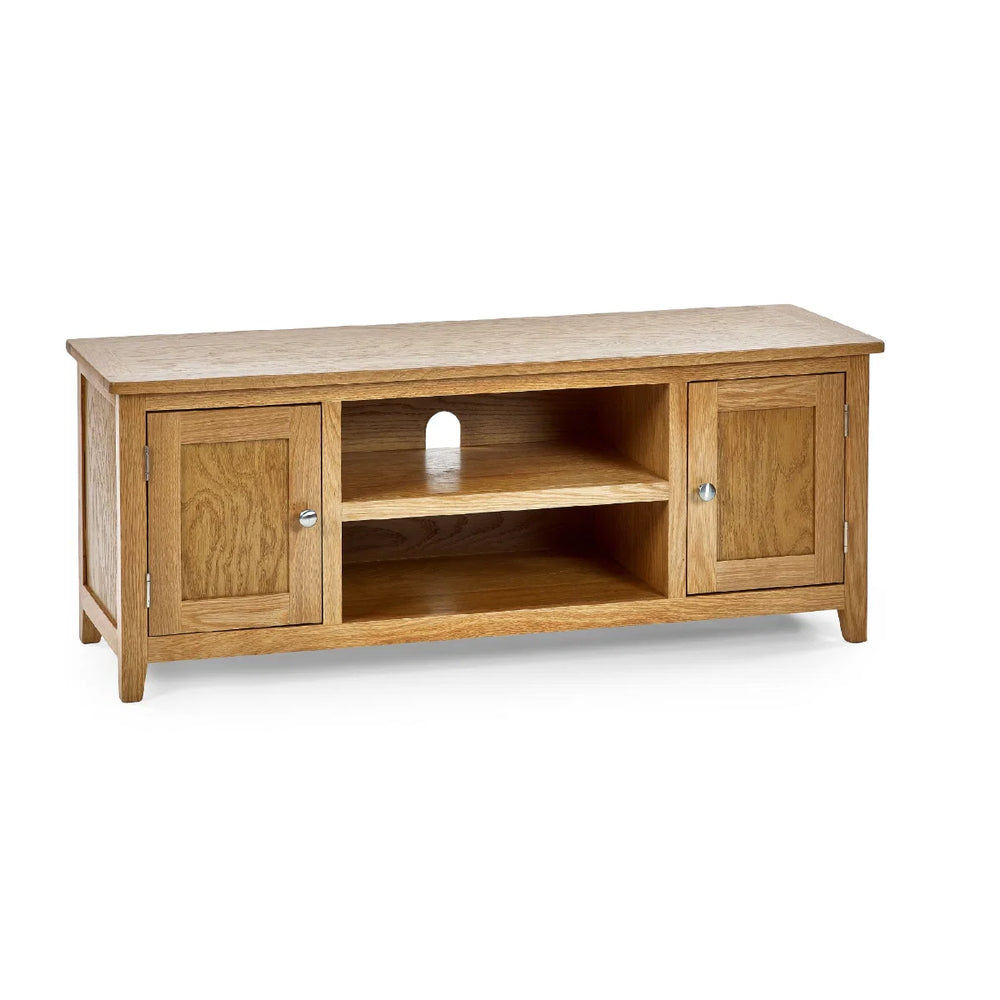 Oak TV unit with two doors on a white background