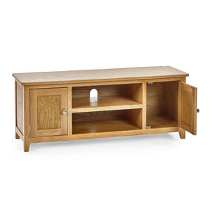 oak tv unit on a white background with an open door
