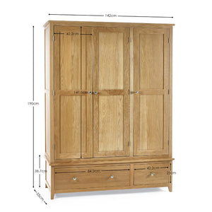 Wooden wardrobe with dimensions labeled on a white background