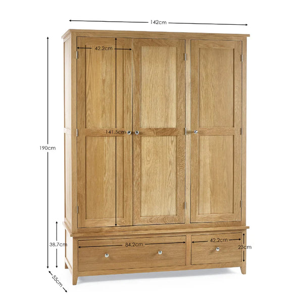 Wooden wardrobe with dimensions labeled on a white background