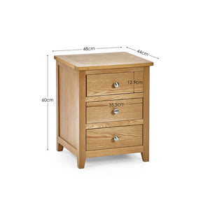 Wooden nightstand with dimensions labeled on a white background