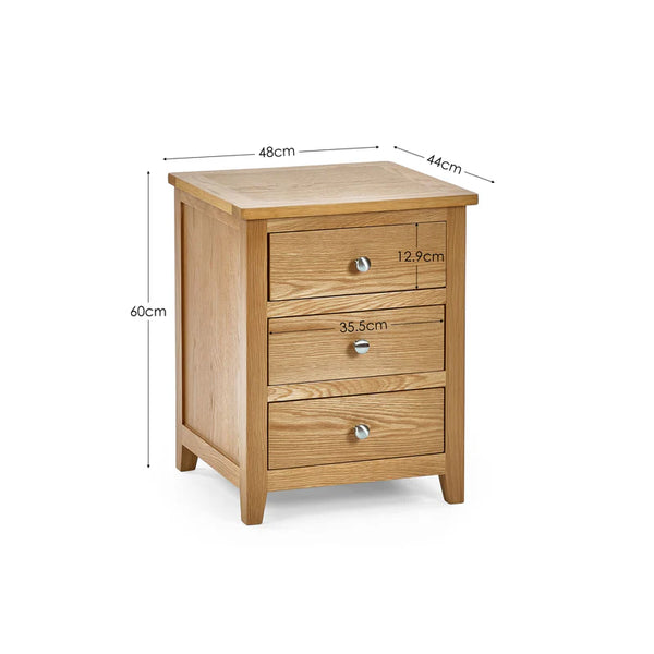 Wooden nightstand with dimensions labeled on a white background