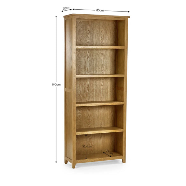 oak bookcase on a white background showing dimensions