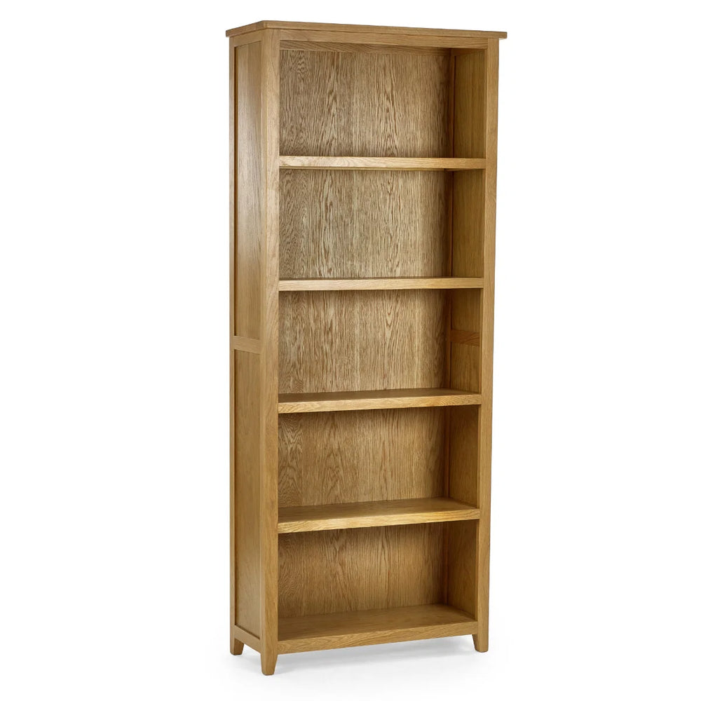 Wooden bookshelf with five shelves on a white background