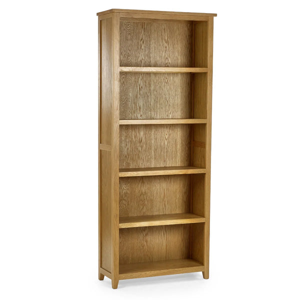 Wooden bookshelf with five shelves on a white background