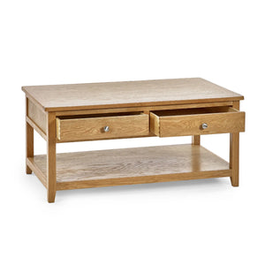 Wooden coffee table with two drawers on a white background